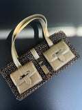 Sac Chanel baguette tweed cuir kaki et noir