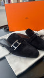 Mules Hermès daim noir boucles strass